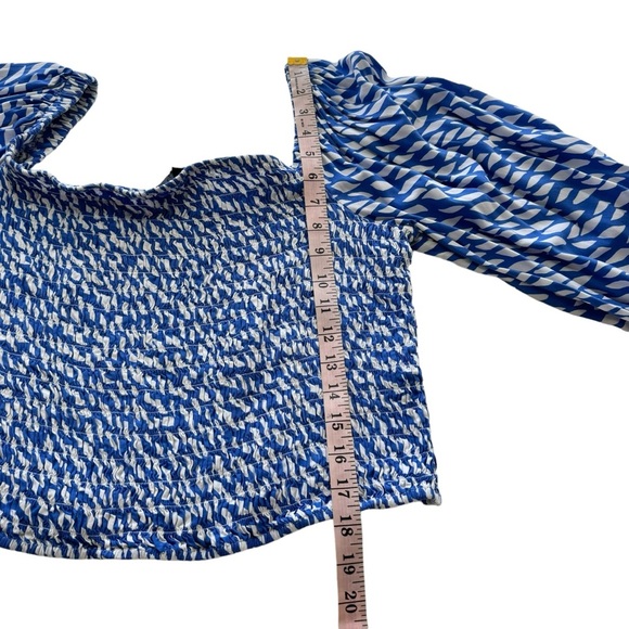 ELOQUII Smocked Crop Top Plus Size 22/24 Long Sleeve 3X Blue & White 100% Rayon - Picture 10 of 10